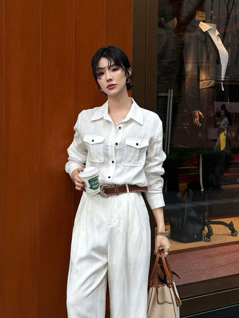 老錢亞麻口袋襯衫-白