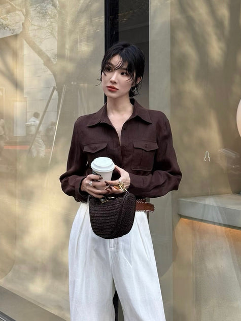 老錢亞麻口袋襯衫-咖