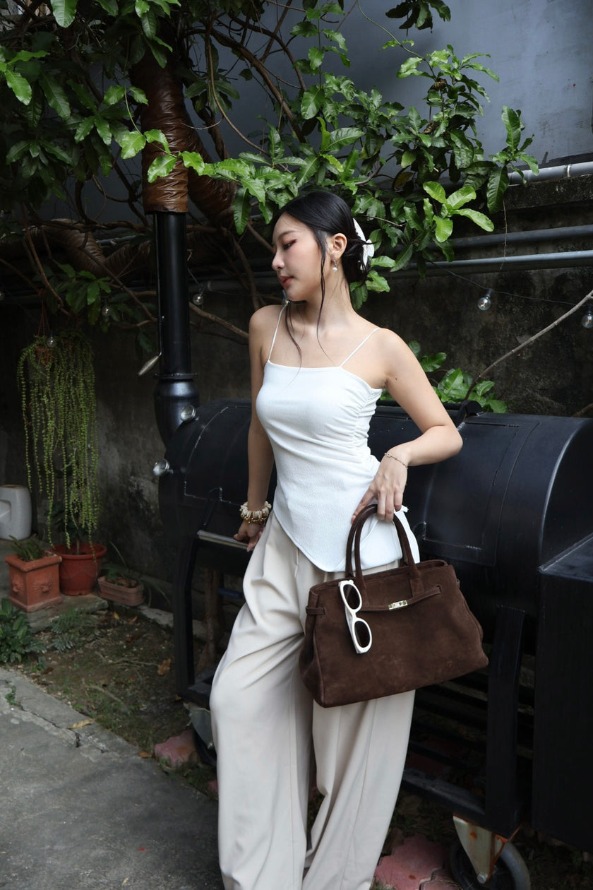 斜影側抓皺細肩上衣-白