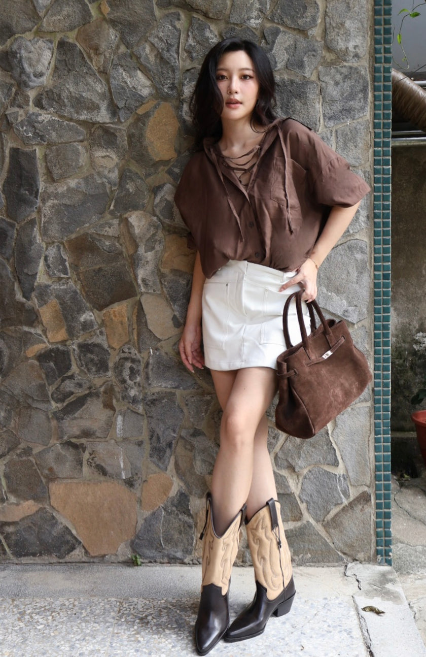 騎士口袋壓線皮革褲裙-白