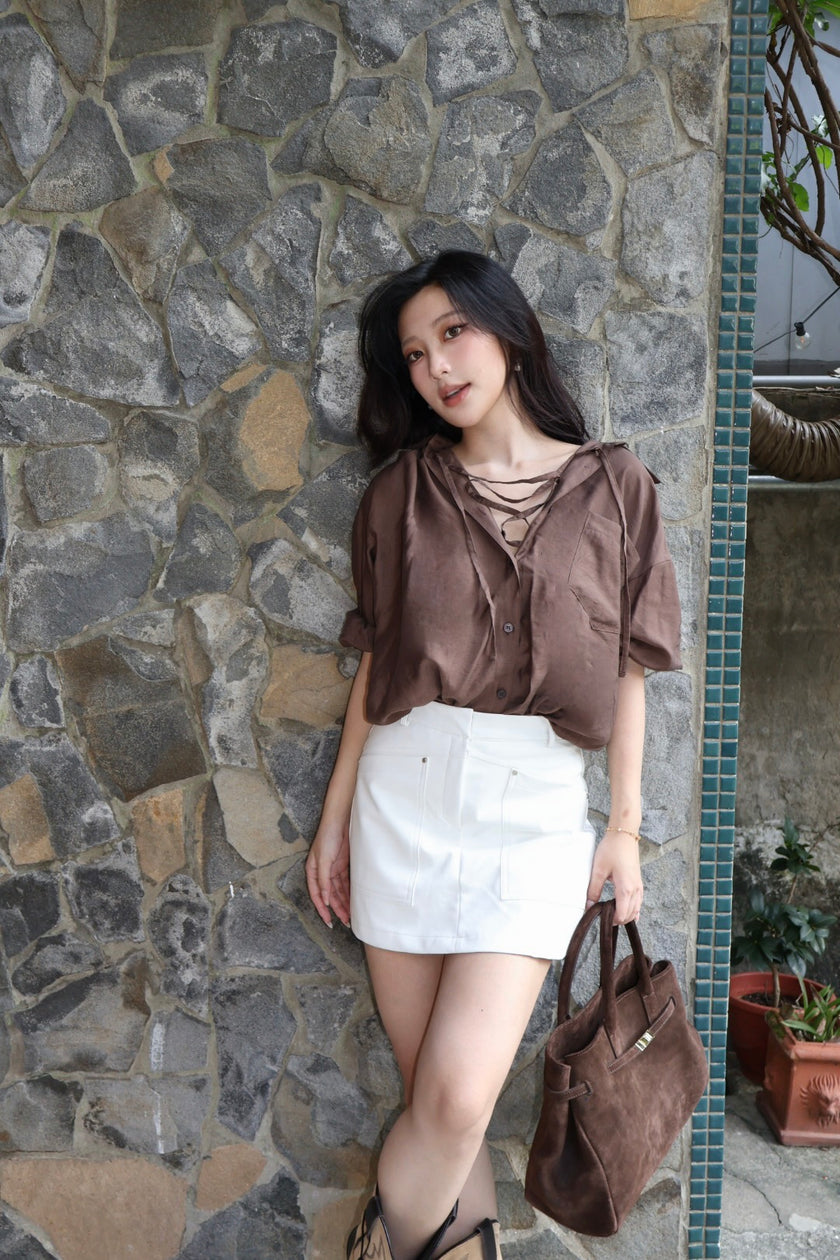 騎士口袋壓線皮革褲裙-白