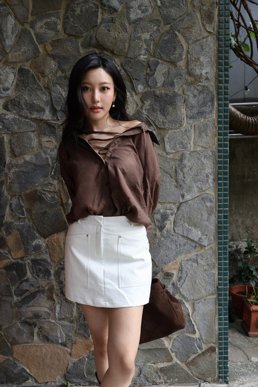 騎士口袋壓線皮革褲裙-白