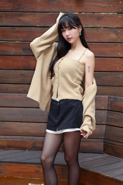 圈圈毛細肩罩衫兩件套-奶茶