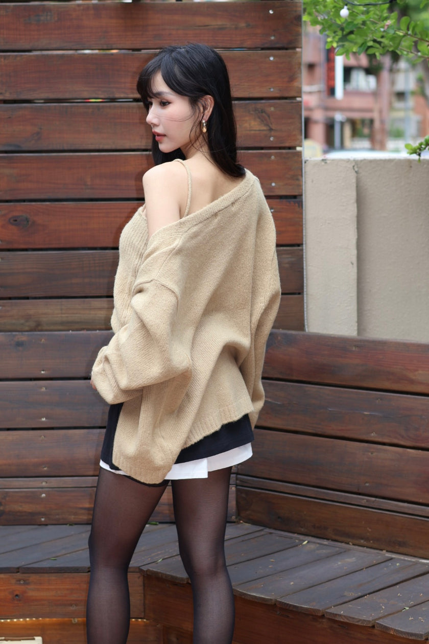 圈圈毛細肩罩衫兩件套-奶茶