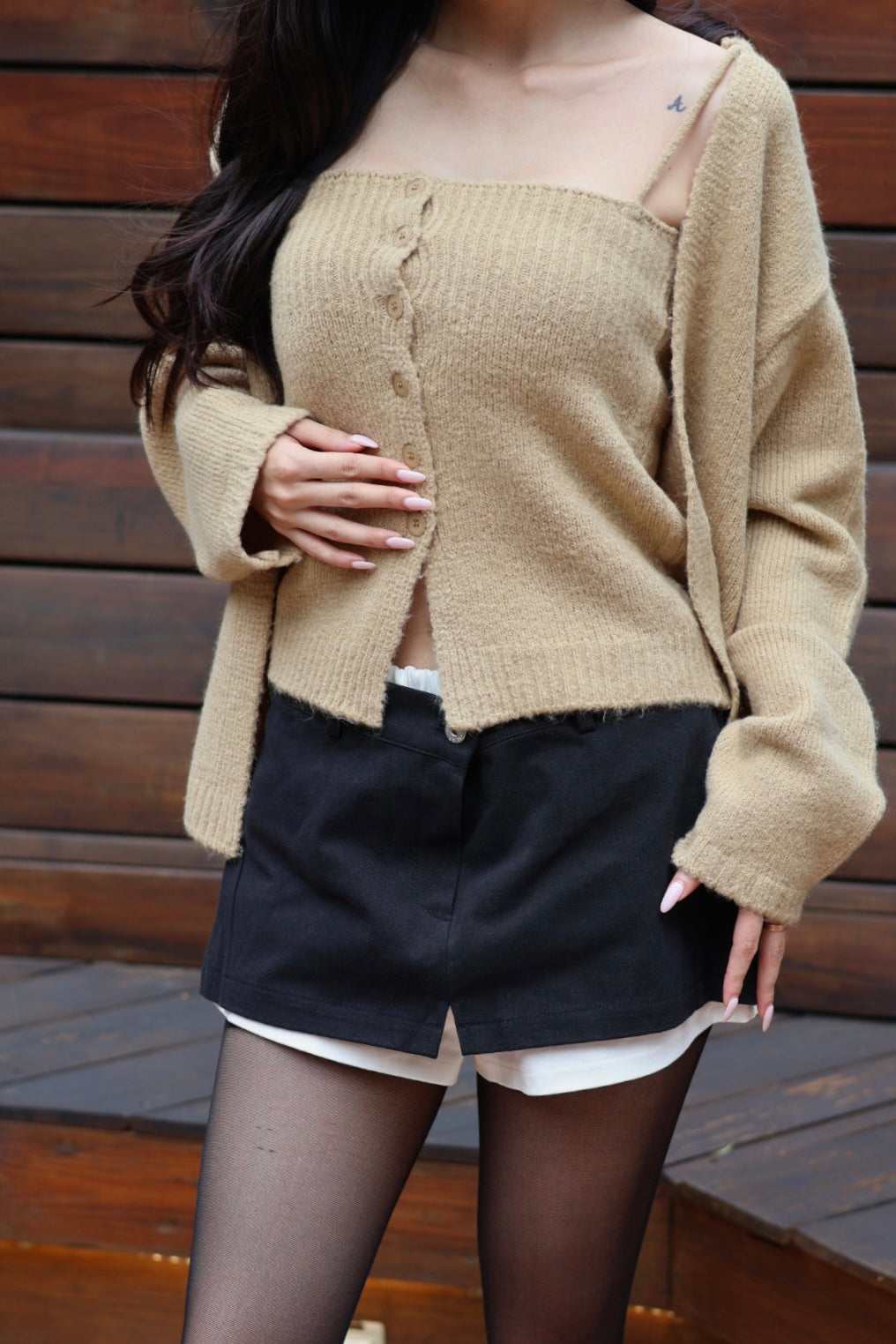 圈圈毛細肩罩衫兩件套-奶茶