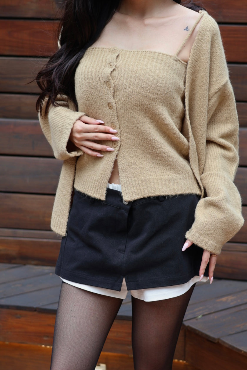 圈圈毛細肩罩衫兩件套-奶茶