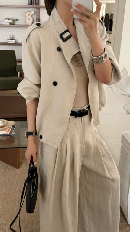 廓形立領排釦風衣-杏