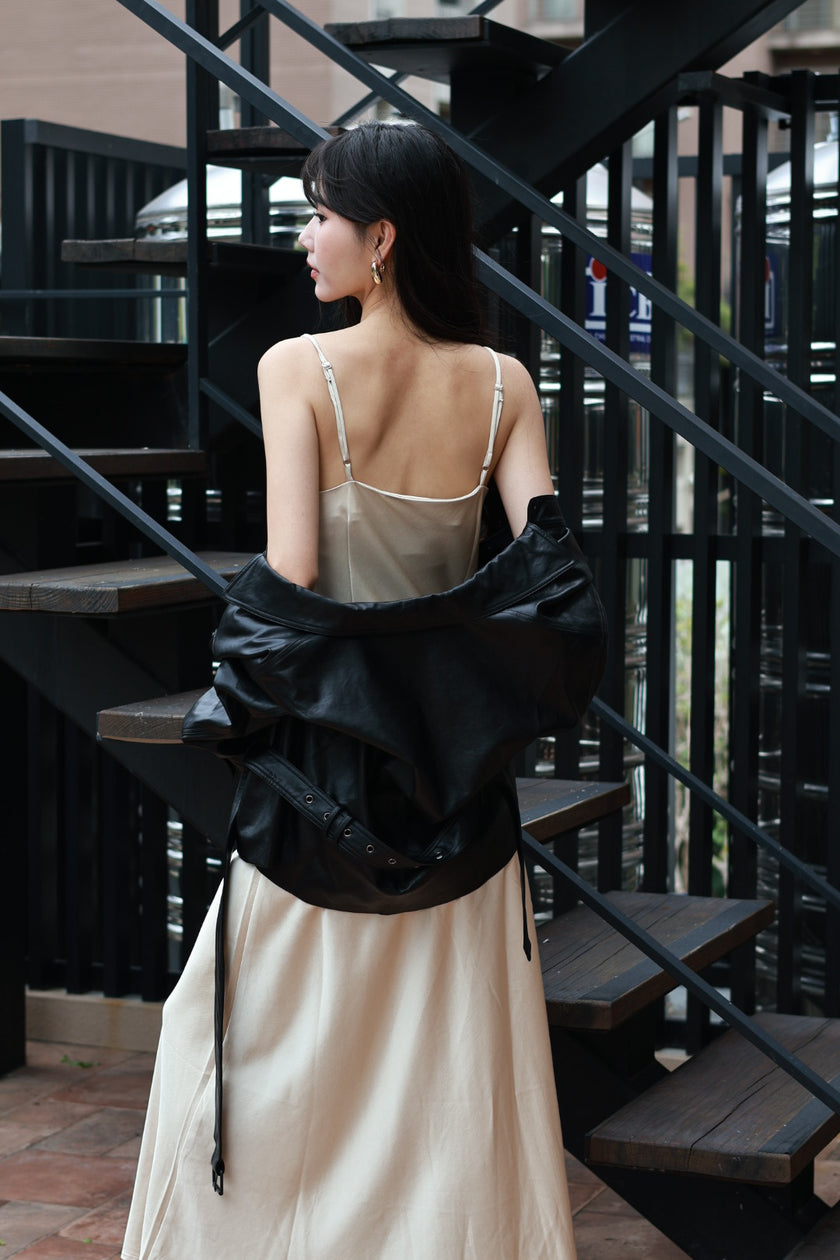 夜色流光蕾絲緞面洋裝-杏