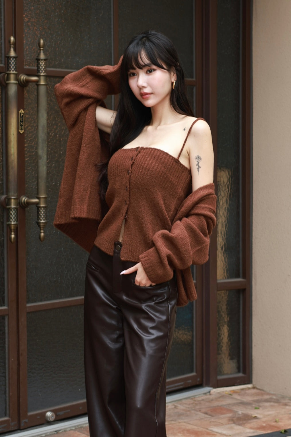 圈圈毛細肩罩衫兩件套-咖