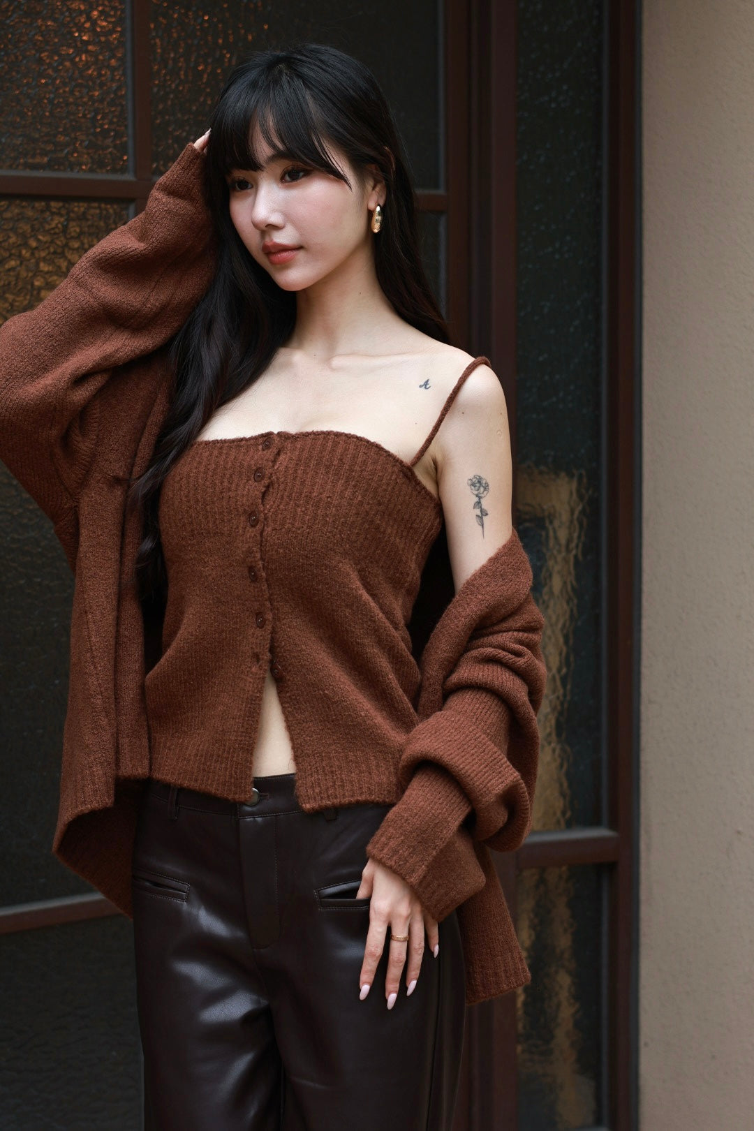 圈圈毛細肩罩衫兩件套-咖