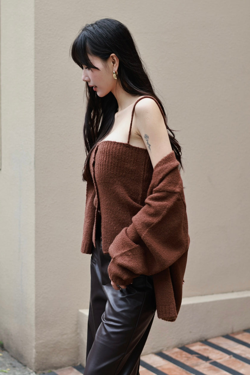 圈圈毛細肩罩衫兩件套-咖