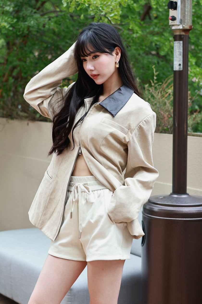 入秋麂皮抽繩短褲-杏