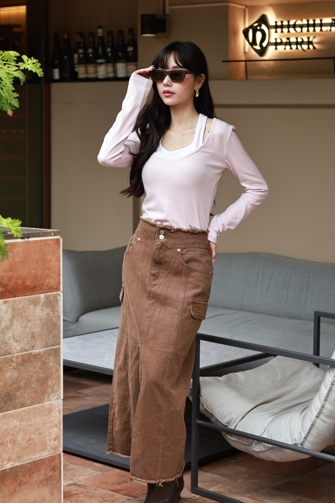 工裝雙釦牛仔長裙-咖