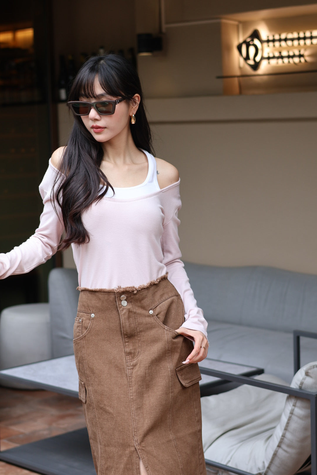 掛脖假兩件基礎上衣-粉