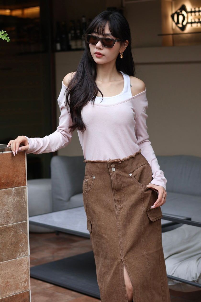 工裝雙釦牛仔長裙-咖