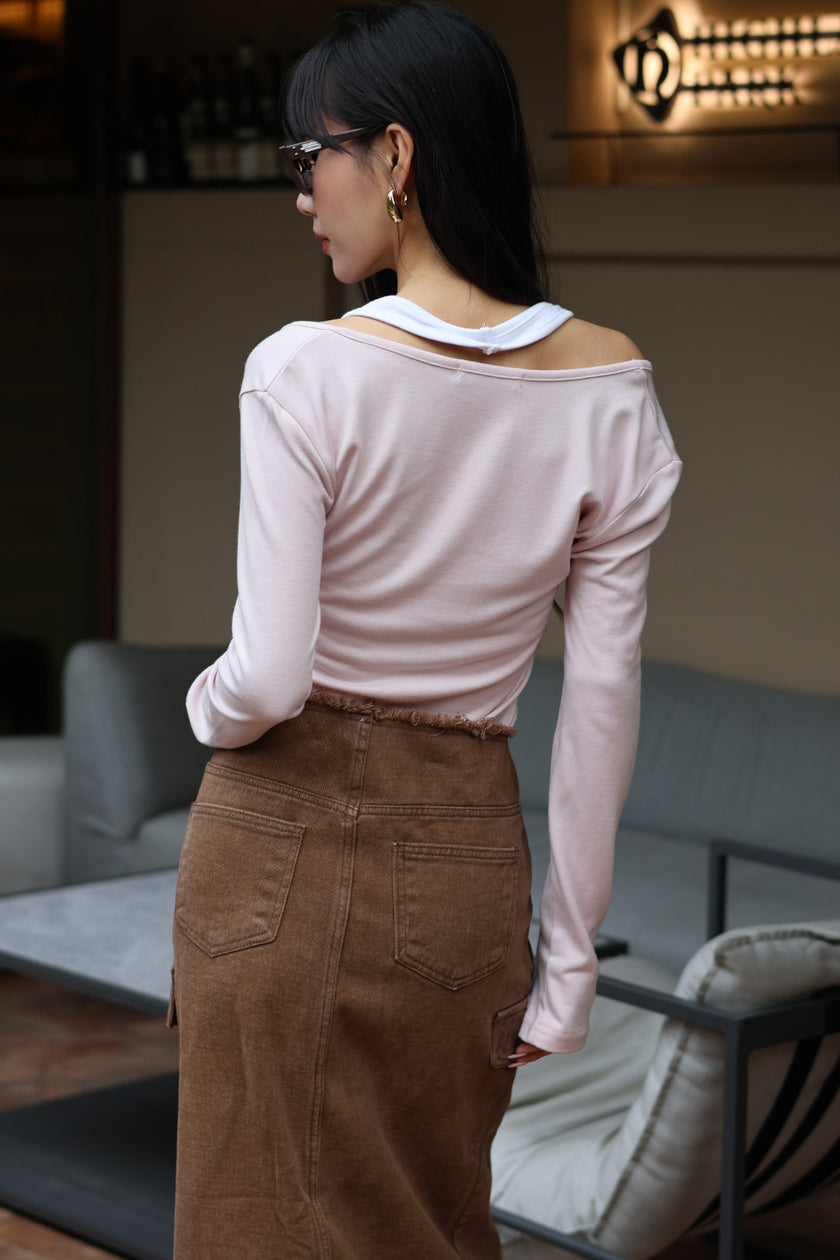 掛脖假兩件基礎上衣-粉