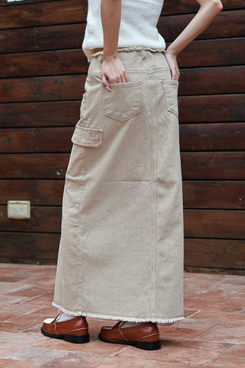 工裝雙釦牛仔長裙-奶茶