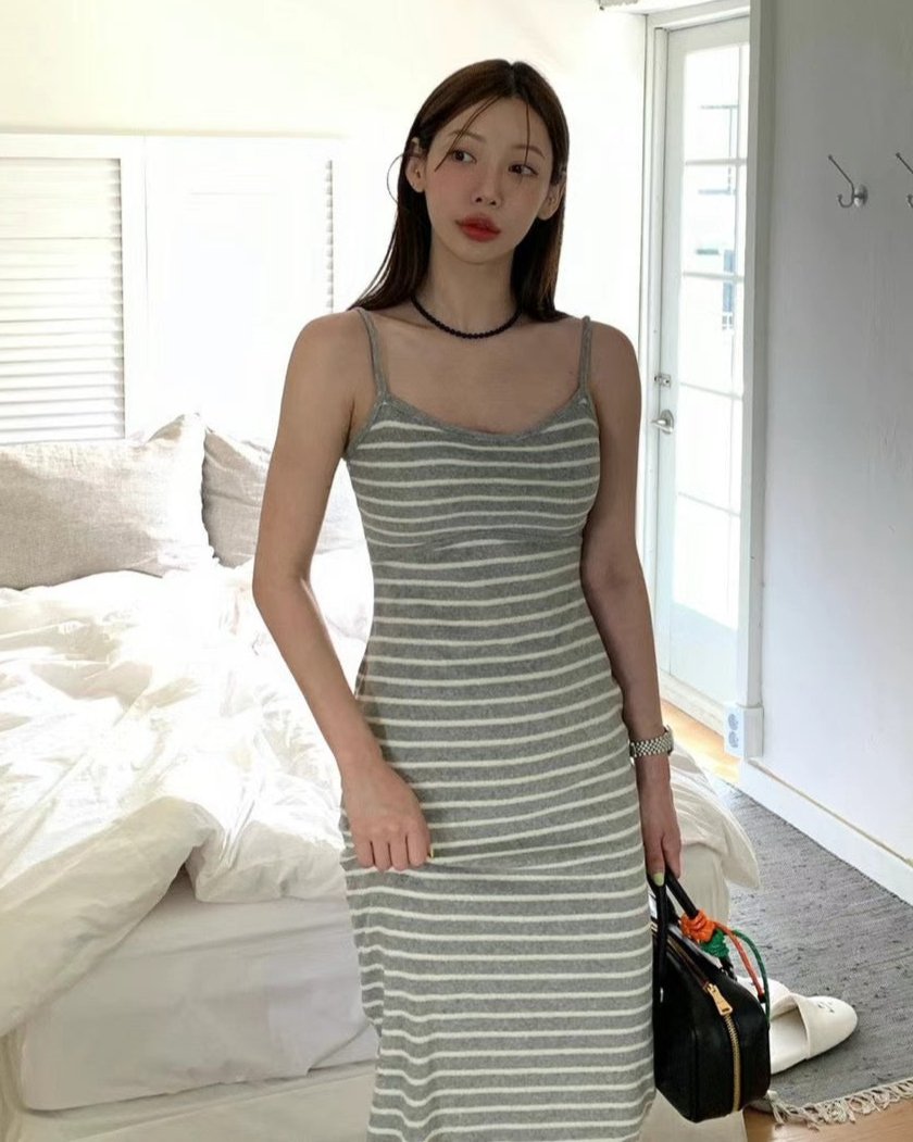 條紋毛巾布bra洋裝-灰