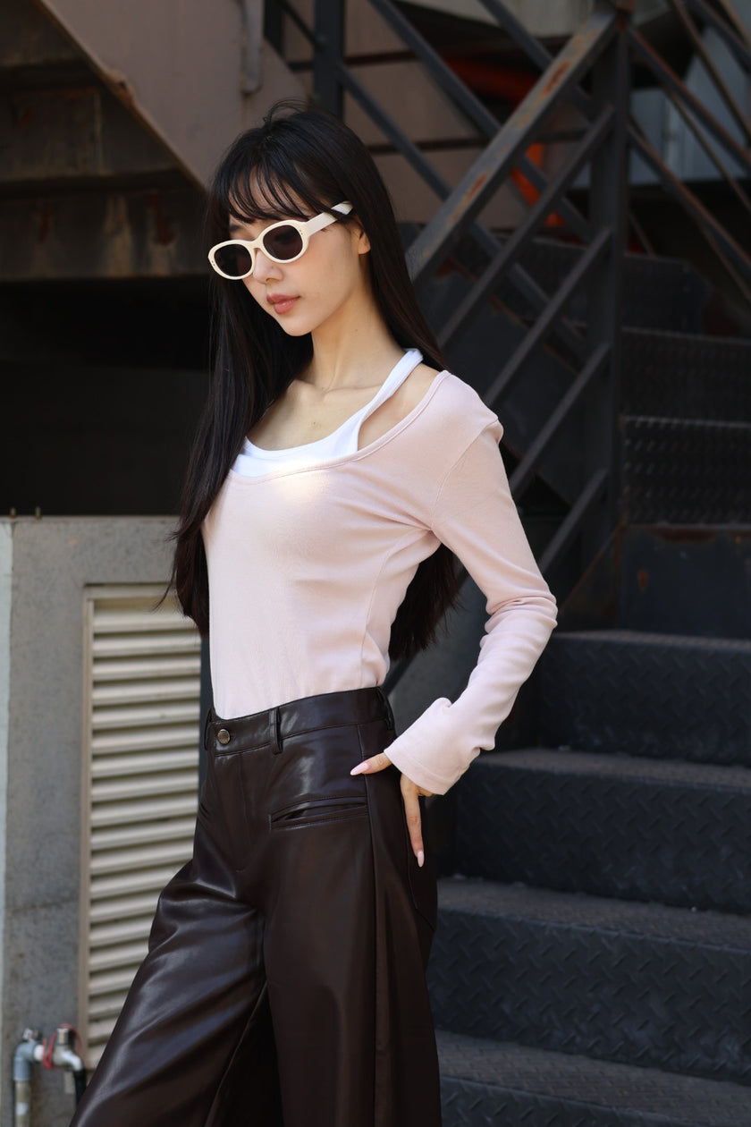 掛脖假兩件基礎上衣-粉