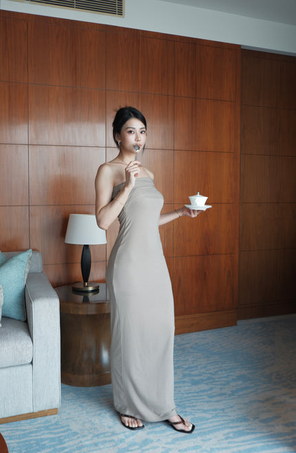 女神冰絲單肩洋裝-杏灰