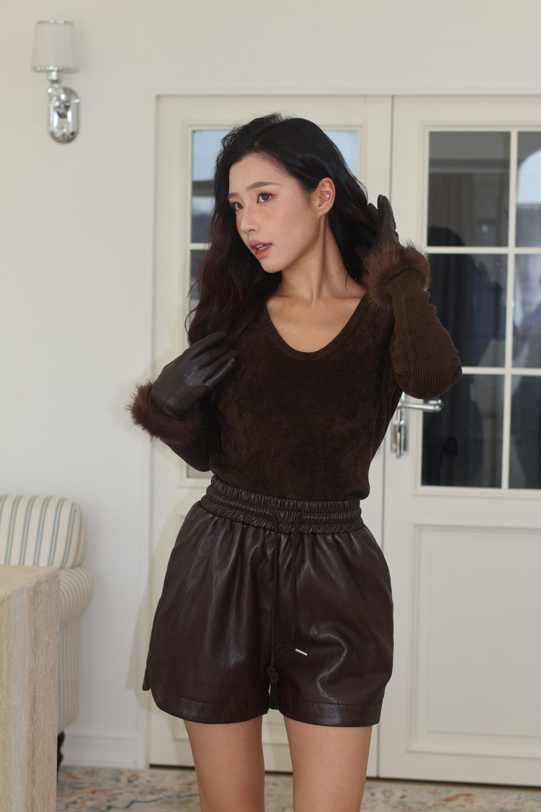 V領羅紋修身上衣-咖