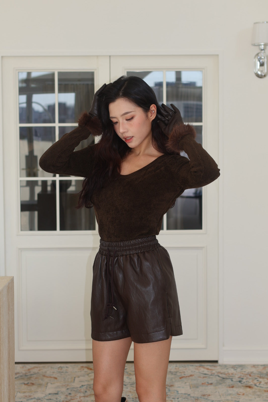 V領羅紋修身上衣-咖