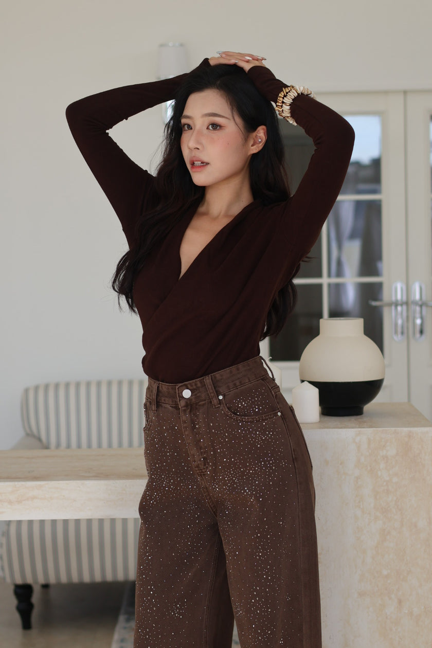 完美碎鑽牛仔寬褲-咖