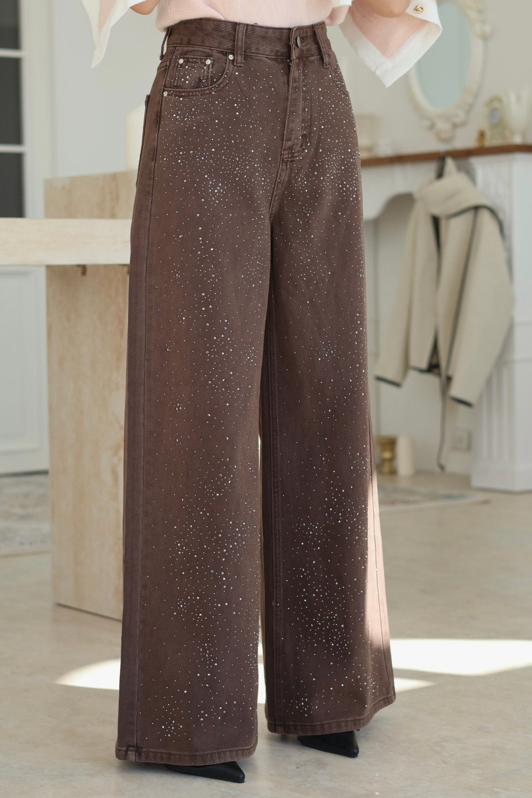 完美碎鑽牛仔寬褲-咖