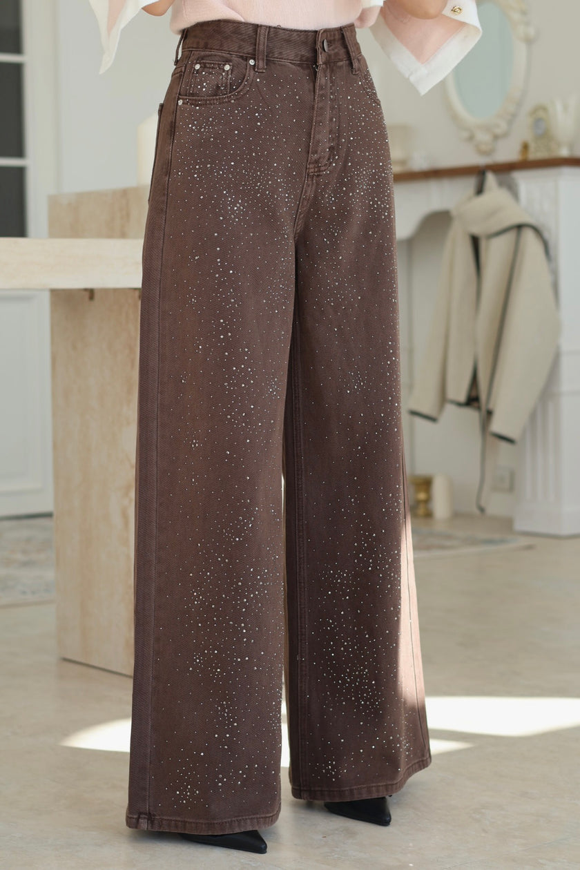完美碎鑽牛仔寬褲-咖