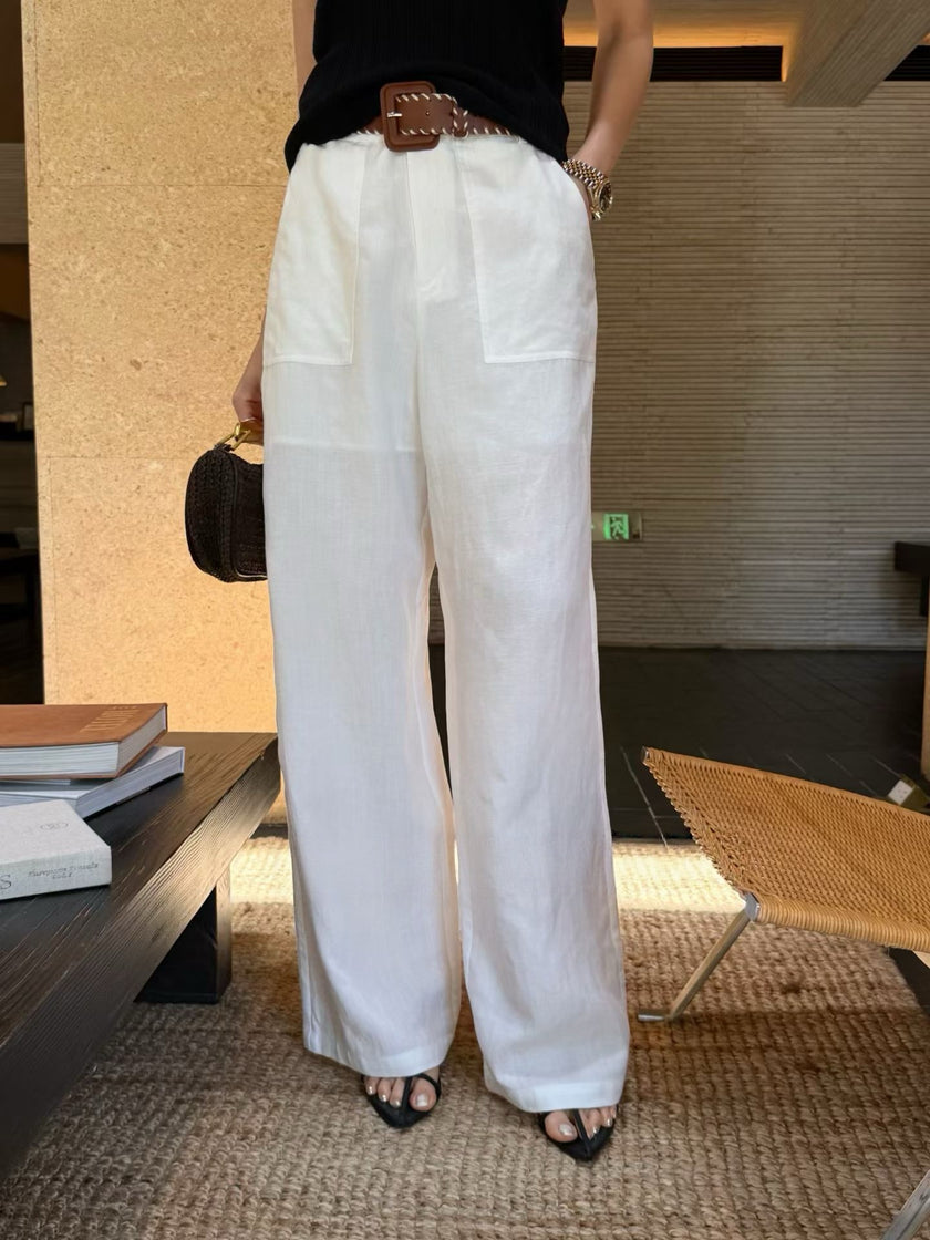午後老錢亞麻長褲-白