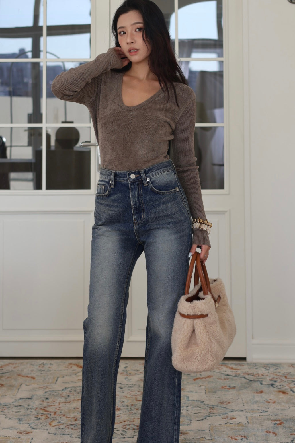 刷色直筒微喇牛仔褲-藍