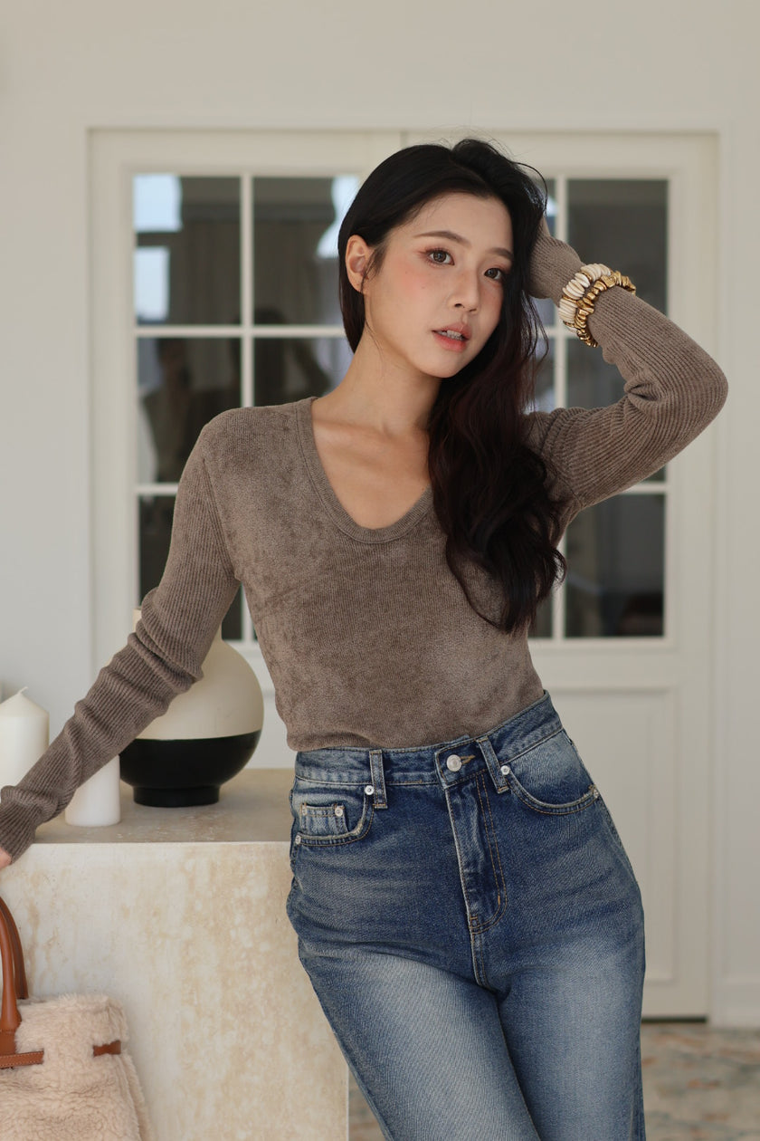 V領羅紋修身上衣-卡其