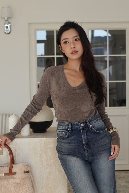 V領羅紋修身上衣-卡其