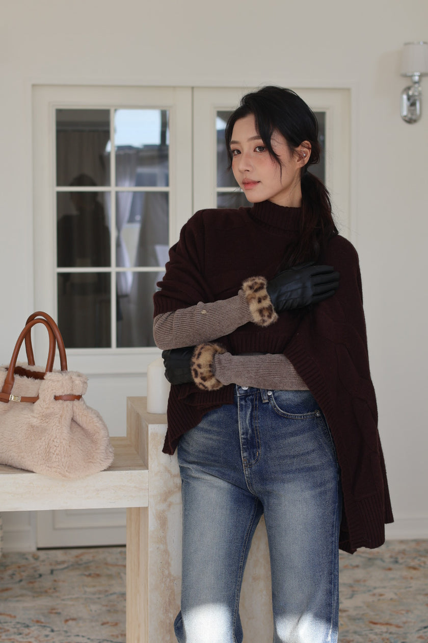 羊絨編織立領斗篷-深咖