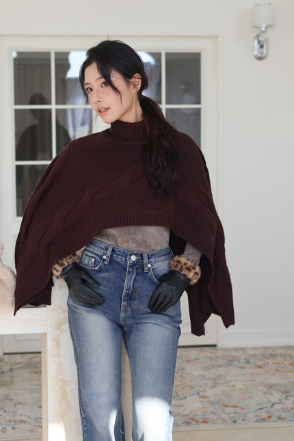 羊絨編織立領斗篷-深咖