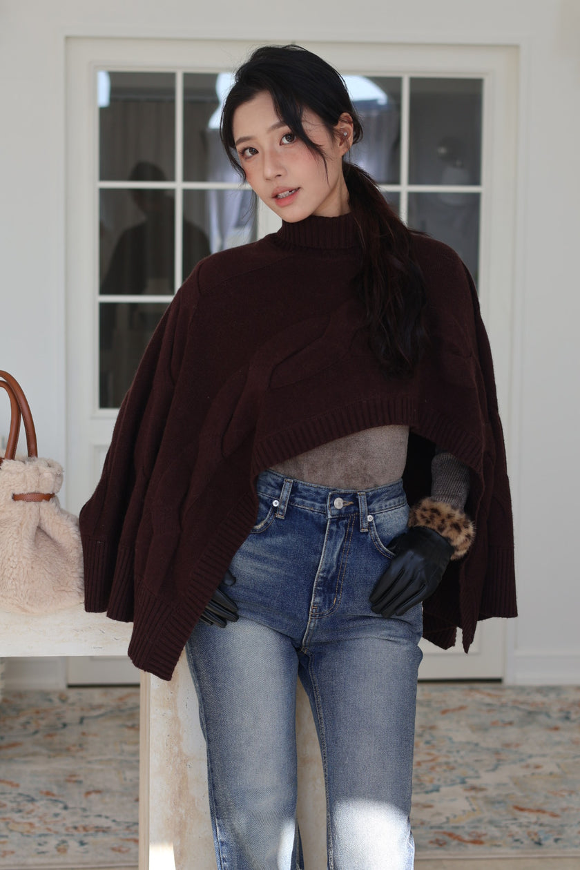 羊絨編織立領斗篷-深咖