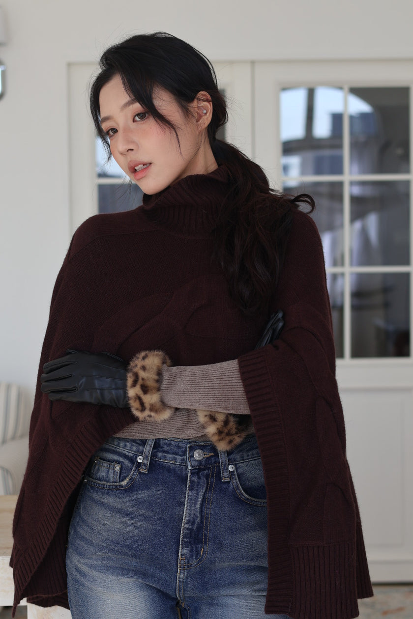 羊絨編織立領斗篷-深咖