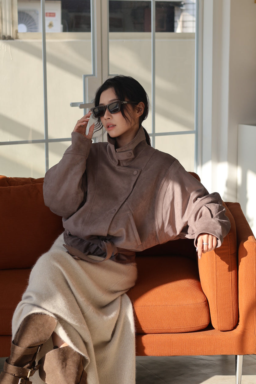 霧感翻領麂皮騎士外套-咖灰