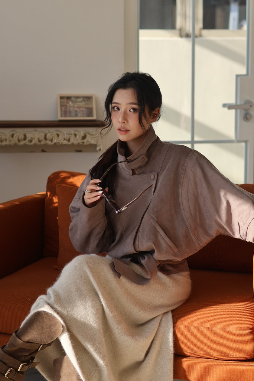 霧感翻領麂皮騎士外套-咖灰