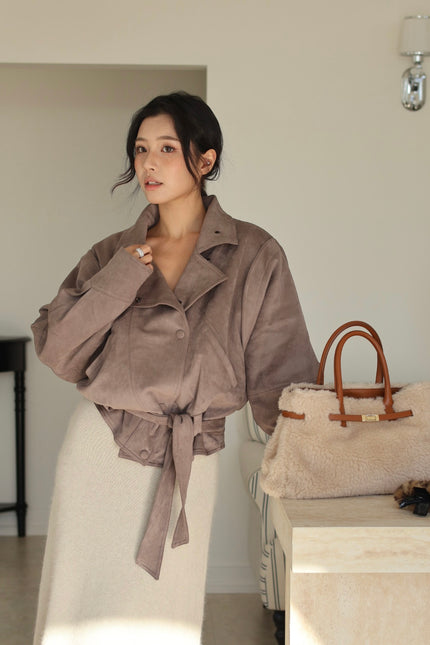 霧感翻領麂皮騎士外套-咖灰