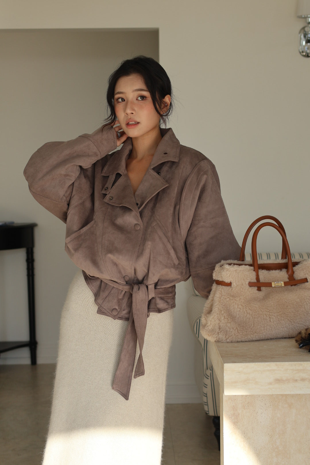 霧感翻領麂皮騎士外套-咖灰