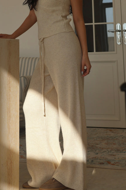 慵懶羊毛針織寬褲-杏