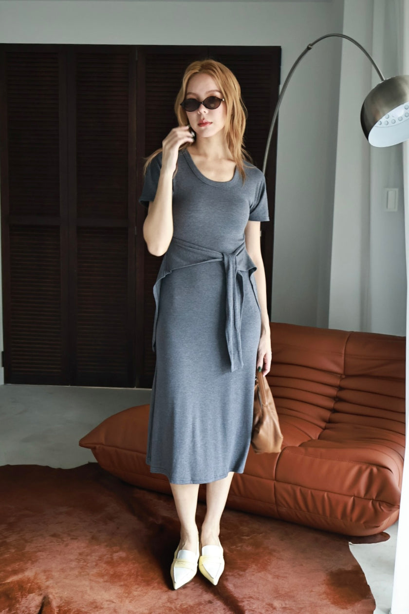 雲朵綁帶休閒洋裝-灰