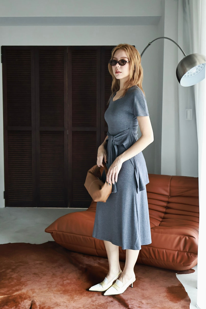 雲朵綁帶休閒洋裝-灰