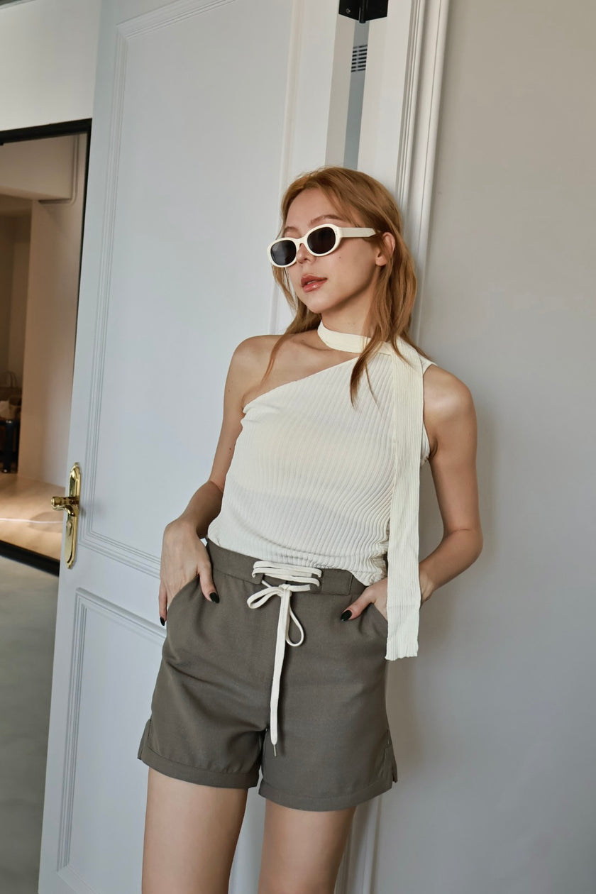 亞麻抽繩短褲-灰綠