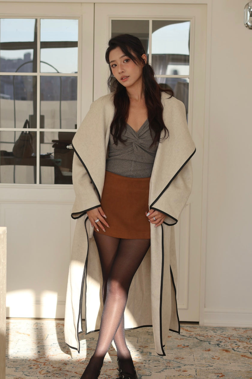 靜奢羊毛滾邊長大衣-杏灰