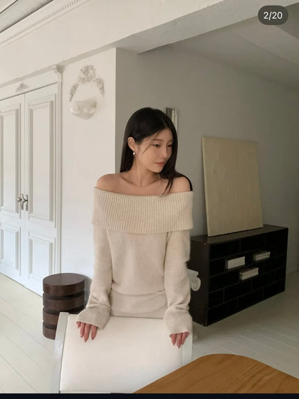 翻領羊毛針織綁帶上衣-杏