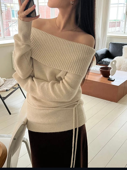 翻領羊毛針織綁帶上衣-杏