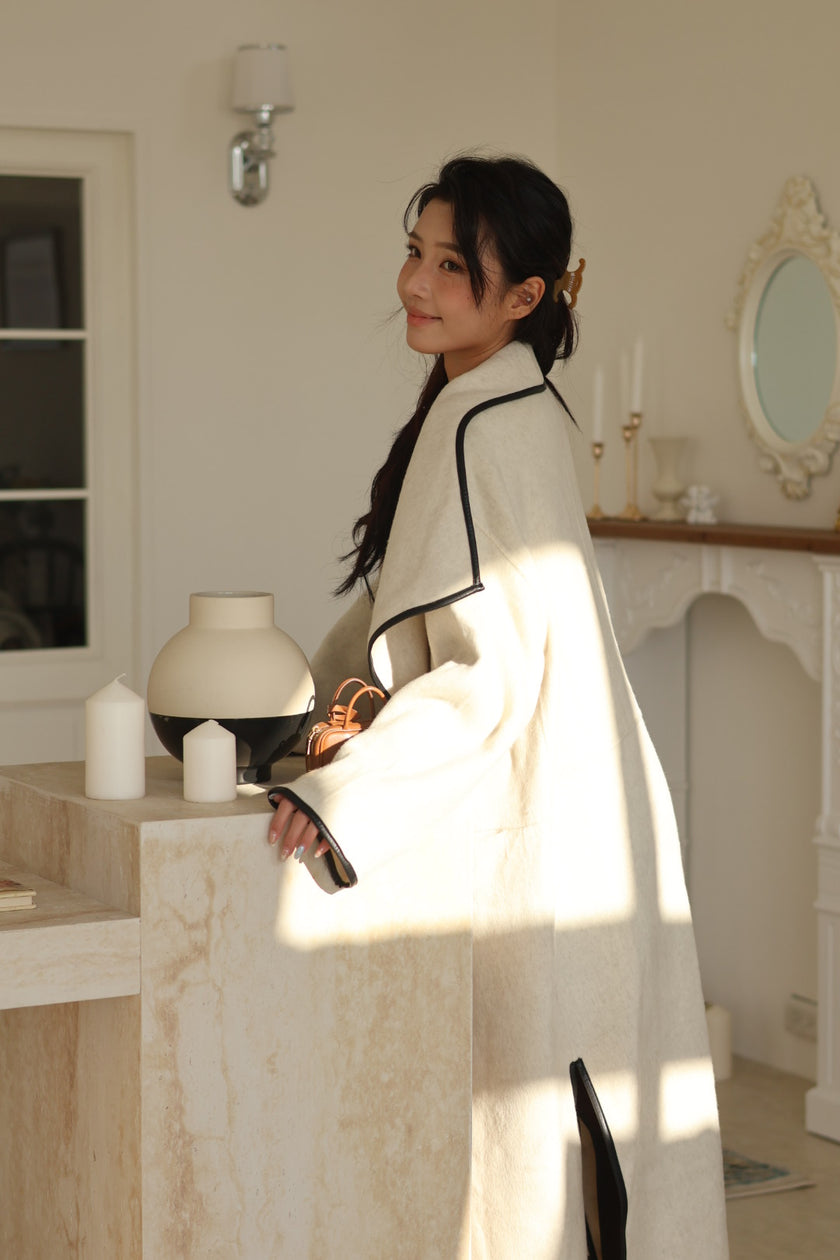 靜奢羊毛滾邊長大衣-杏灰