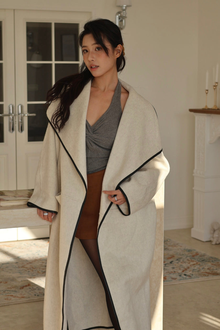 靜奢羊毛滾邊長大衣-杏灰